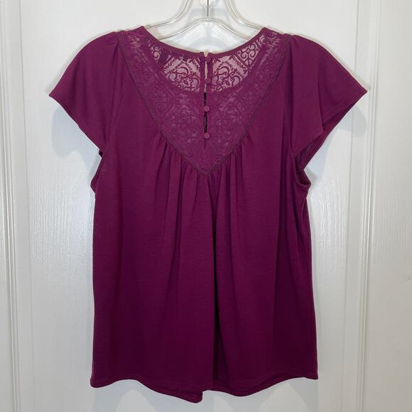 White House Black Market Lace Yoke Top Purple Flutter Short Sleeves S - Picture 6 of 6